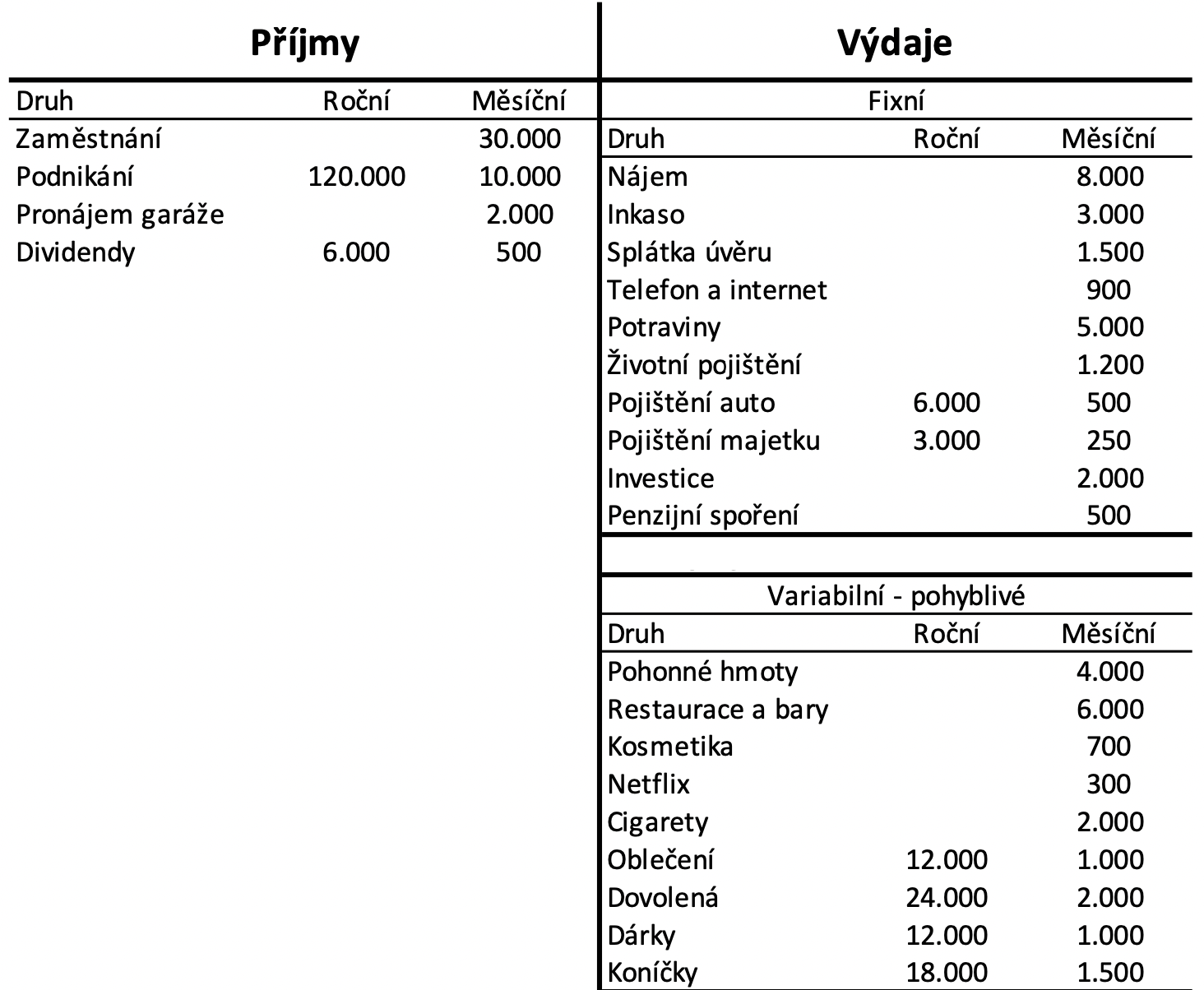 Finanční bilance - výdaje